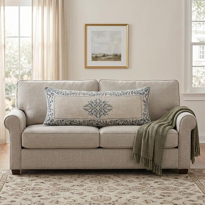 Designer Vintage Linen Throw Pillow Cover,28"x12"-Segerman A | Elegant Chinoiserie Rectangle Pillow Cover,Concealed Zipper Design,Floral Pattern,Sofas,Bedroom,Living Room,Lounge Chairs