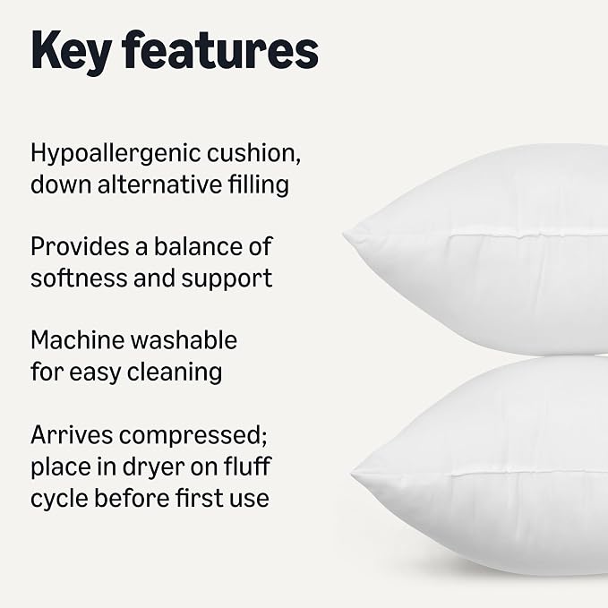 Amazon Basics Square Hypoallergenic Pillow Insert, Down Alternative Fiberfill, Sofa Bed Couch Decorative Stuffer, 18", 2-Pack