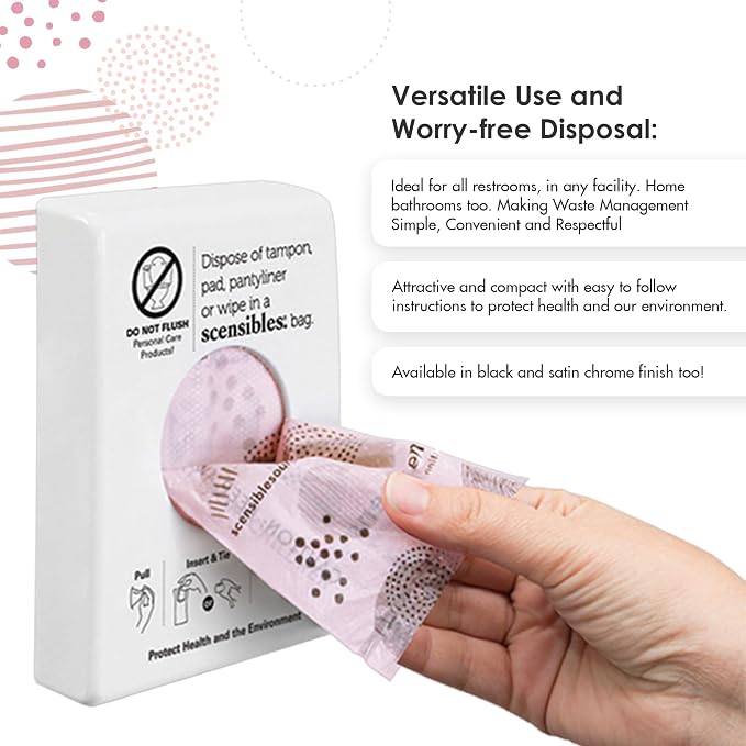 Scensibles Bathroom Dispenser for Menstrual Care Disposal - Bag Dispenser and Refill Boxes - for Tampons, Pads, Other Disposable Hygiene Products (White)