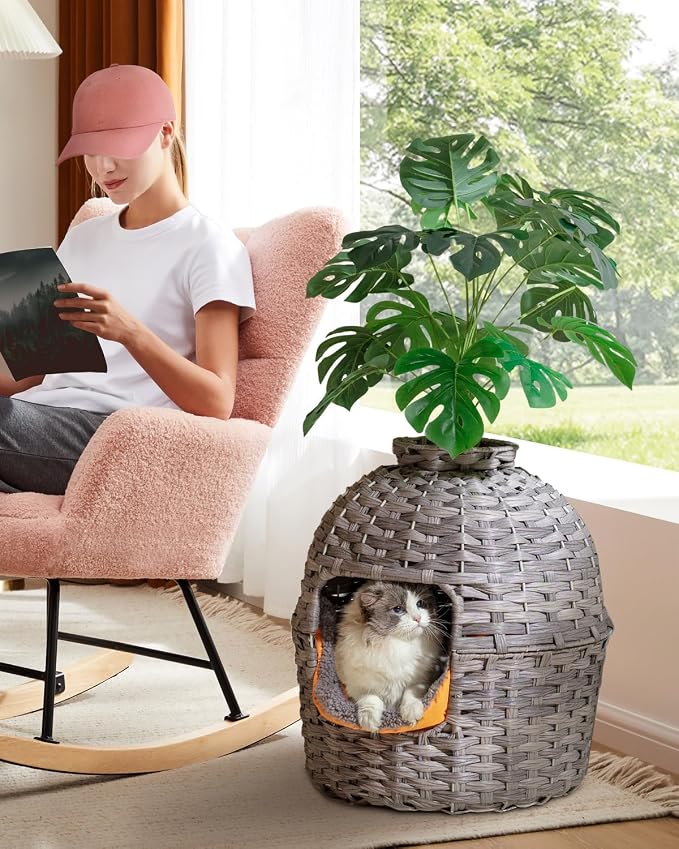 SETVSON Cat Litter Box Plant Enclosure, Hidden PE Rattan Litter Box, Gray | Decorative Planter Design, Handwoven Washable PE Rattan, Removable Top with Artificial Plant & Stones Included, Easy Cleaning