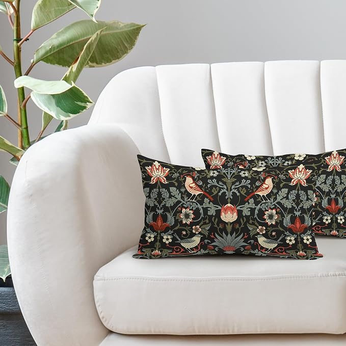 Chinoiserie Floral Bird Colorful Lumbar Pillow Covers 12X20 Set of 2 Orange Sage Green Pimpernel Flower Throw Pillow Cases Vintage Art Modern Home Decor for Couch Patio Sofa Porch