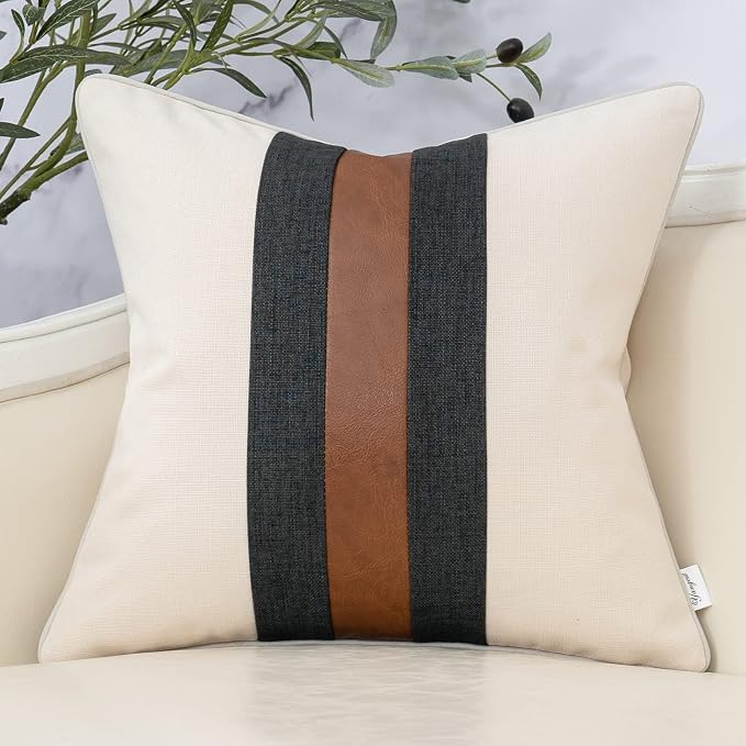 Patchwork Pillow Cover 18x18 Inch Luxury Cotton and Linen Cushion Cover Faux Leather Pillowcover for Couch Bedroom Living Room, White