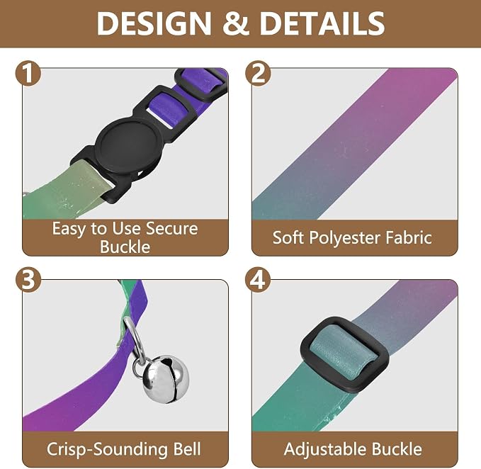 2 Pack Cats Collar Retro Rainbow Gradient Kitten Bell Collar, Adjustable Length 10.6" to 17.1"