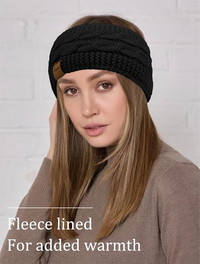 Loritta 2 Pack Headbands for Women Winter Warm Cable Knit Ear Warmer Thick Head Wrap Fuzzy Fleece Lined Gifts