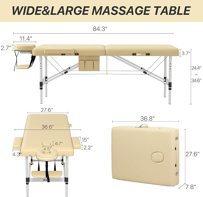 KCC Memory Foam Portable Massage Table, Foldable Tattoo Table Lash Bed Height Adjustable，28 Inchs Wide Home Salon Spa Bed Accessories &Carrying Case，Easy Set Up,Lightweight Aluminium Leg,Beige