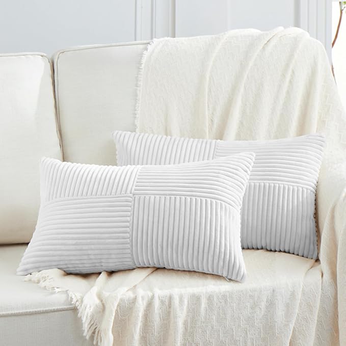 Fancy Homi 2 Packs White Lumbar Decorative Throw Pillow Covers 14x24 Inch for Couch Bed Sofa, Rustic Farmhouse Boho Home Decor, Soft Striped Corduroy Rectangle Accent Cushion Case 35x60 cm