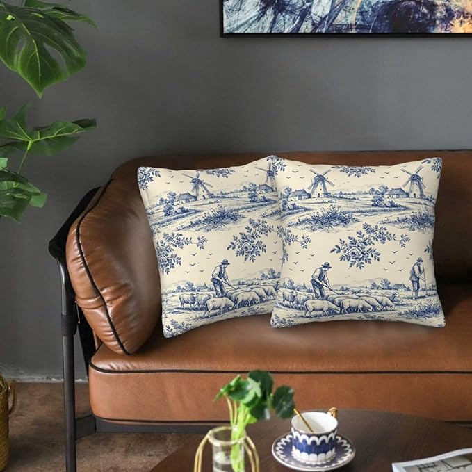 French Country Toile Pillow Covers 18x18 Set of 2, Blue & Cream Vintage Throw Pillow Covers Outdoor Decorative Pillow Case for Couch Bed Sofa Cushion Home Decor