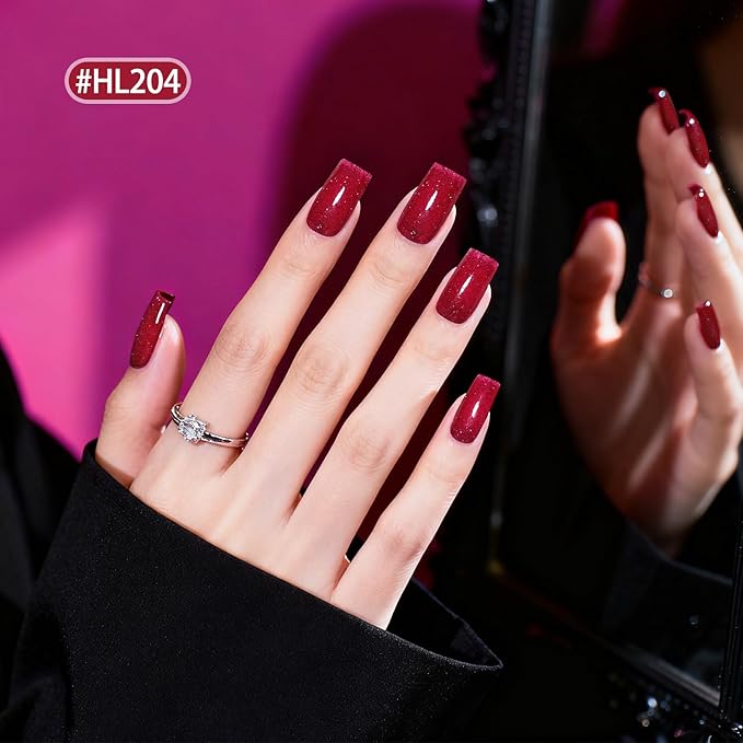 Reflective Nail Polish 12 Colors With Base Coat and Top Coat Glitter Red Bule Purple Green Nail Polish Set Quick Dry Sparkle Winter Manicure Long Lasting for Holiday Gift Giving 5ML