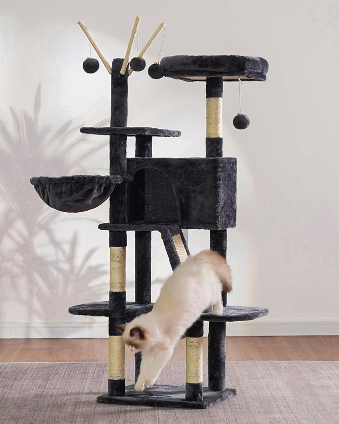 Hey-brother Cat Tree Tower with Padded Platform Bed, Hammock, MPJ019-SG | 53 Inches Cat House with Large Cozy Condo, Toy Balls and Sisal Scratching Posts for Indoor Multi-Cats, Smoky Gray