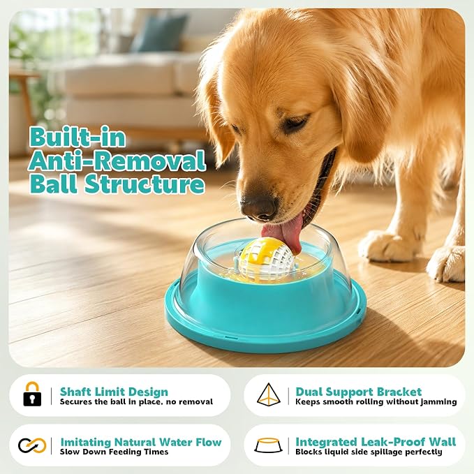 Slow Feeder Dog Licking Bowl, Anti-Removal Ball Liquid Feeding Bowl, No-Spill Leak-Proof & Jam-Free Rolling, Food-Grade Detachable Design, 10oz Capacity for Large Medium Small Dogs and Cats