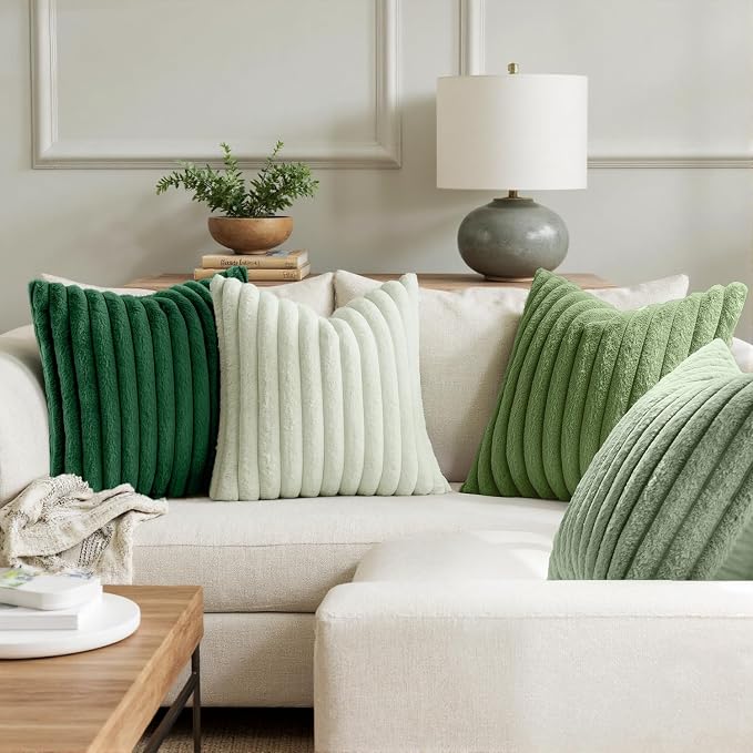 MIULEE Faux Fur Plush Decorative Throw Pillow Covers 18x18, Green | Set of 4, Striped, Soft Modern Cozy Home Decor, Cushion Cases for Sofa Couch Bed Living Room