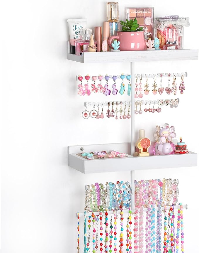 Keebofly Wall Mounted Jewelry Organizer with 2 Tired Shelves & Ring Holder- Jewelry Holder Wall Storage Display for Earrings, Necklace, Bracelet, Hair Accessories for girls in Bathroom Bedroom, White