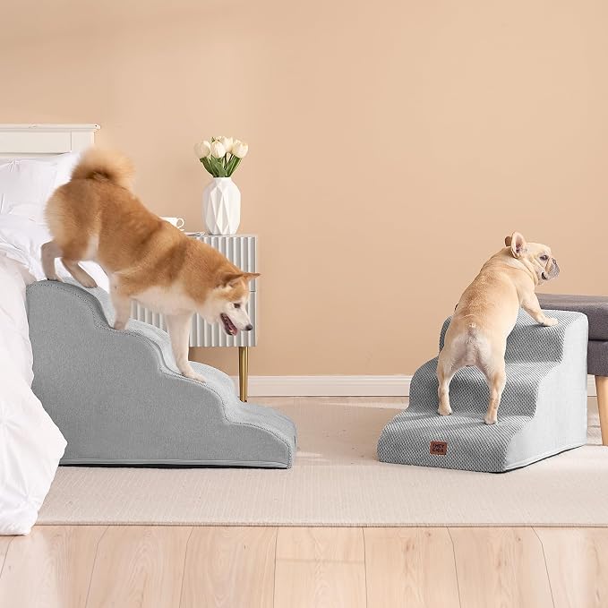 EHEYCIGA Curved Dog Stairs Ramp, 3-Step Dog Steps, 15.7" H Pet Step | 33D density of pure foam, for Small Dogs and Cats, Pet Stairs for High Bed Climbing, Non-Slip Balanced Indoor, Light Grey