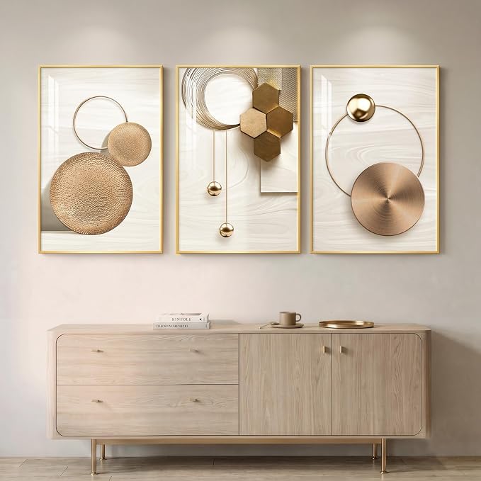 Large Framed Modern Luxury Gold Wall Art for Living Room, 3 Piece 24x36 In | Bright style art prints, Golden geometric pictures, Crystal coating wall art, Fade resistance prints for bedroom dining room