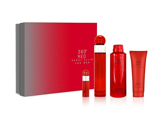 Perry Ellis 360 Red 3.4oz EDT Spray, 6oz Body Spray, 3oz Shower Gel, 7.5ml EDT Spray Men 4 Pc Gift Set