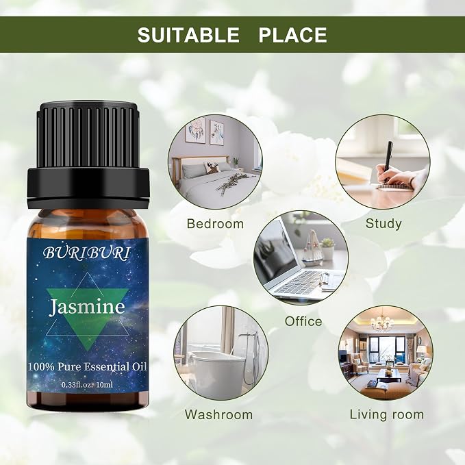 BURIBURI Jasmine Essential Oil, 100% Pure, Undiluted, Natural, Organic Aromatherapy Jasmine Oils 10ML for Massage, Diffuser, Soap Making Candle Making