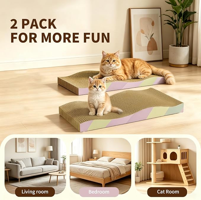 Cat Scratching Board 2-Pack, Reversible Cat Scratcher Pad, Large | Odor-free,Double-sided use,Wave shape,Sturdy,Extra Large,Custom corrugated board,2 Count,cat toys