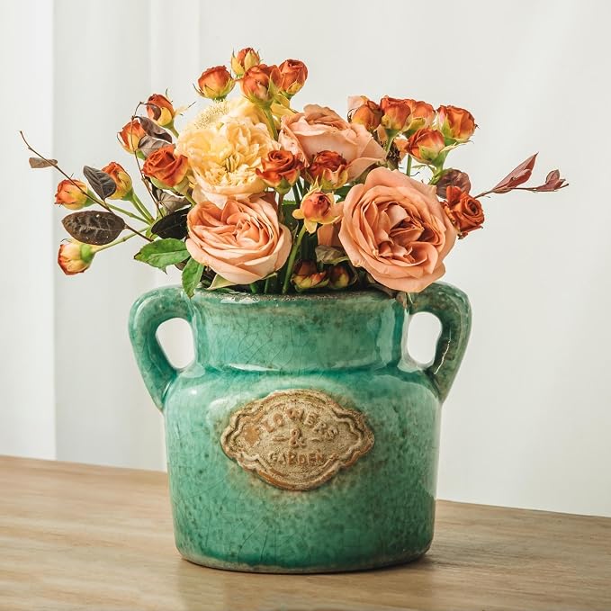 Green Rustic Ceramic Vase, 5.8 Inch Distressed Wide Mouth Vase with Ice Cracked Glazed, Farmhouse Vintage Flower Vases for Home Office Decor Living Room Bedroom Table Centerpiece Decorations