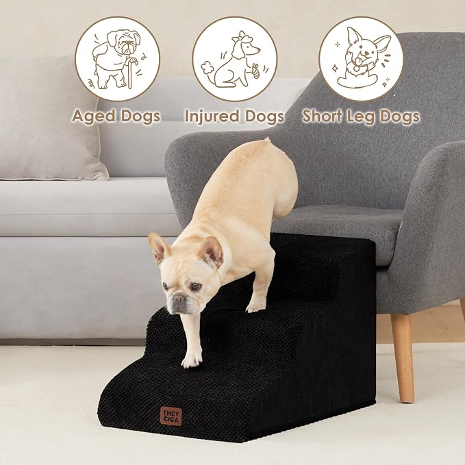 EHEYCIGA Curved Dog Stairs Ramp, 3-Step Dog Steps, 15.7" H Pet Step | 33D density of pure foam, for Small Dogs and Cats, Pet Stairs for High Bed Climbing, Non-Slip Balanced Indoor, Black