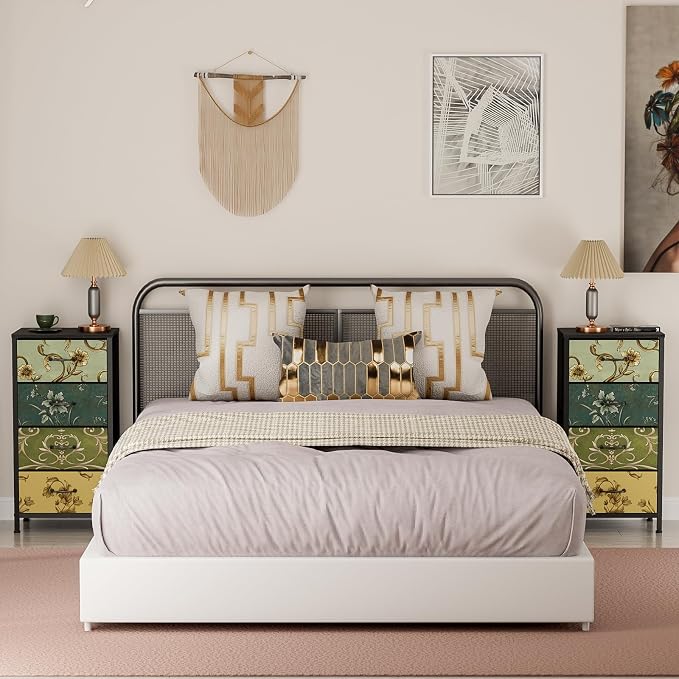 4 Drawer Dresser, Vintage Nightstand, Fabric Chest of Drawers | Vertical Dresser for Bedroom, Storage Tower Units with Fabric Drawers, Small Dressers for Closet, Retro Style, Wooden Top