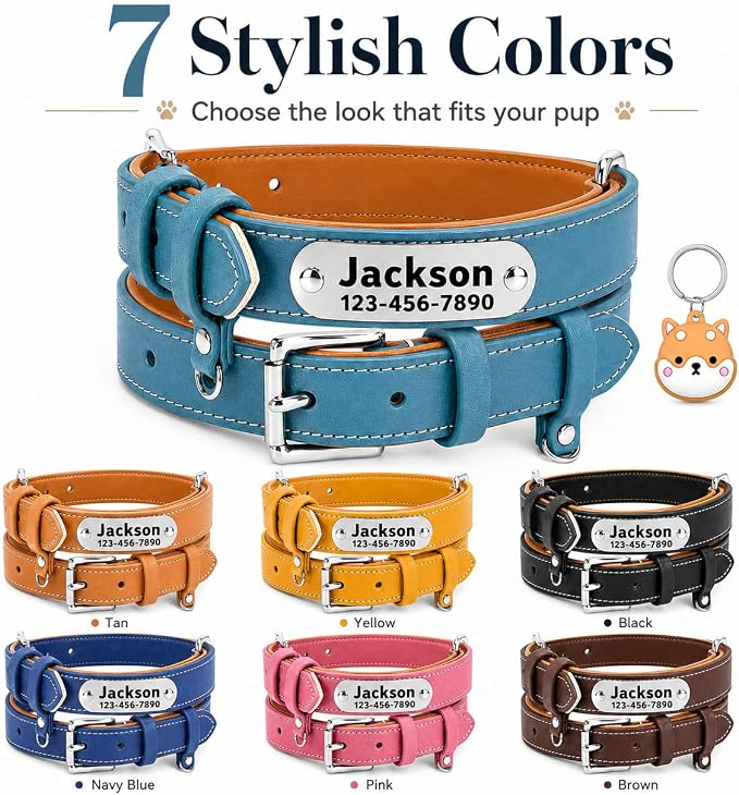 Personalized Genuine Leather Dog Collar with Name Phone Number-Sky Blue-XL
