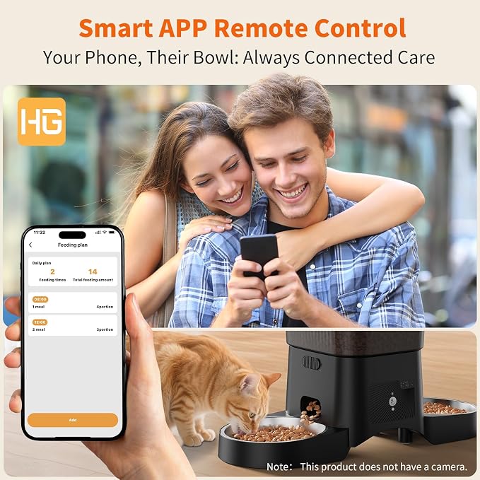 HoneyGuaridan Automatic Cat Feeder for 2 Cats,2.4G/5G WiFi APP Control | Dual Cat Food Dispenser for Multiple Cats,2 Stainless Steel Bowls & 2 Slow Feeder Anti-Choking Bowls, Dual Power