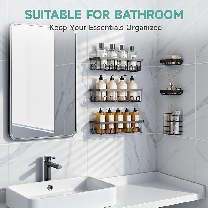 Veken Shower Caddy 6-Pack, Bathroom Organizers and Storage Shelves, Black | Advanced Rustproof Design, Large Capacity, No Drilling, Adhesive Rack with Soap Holder, Wall-Mounted Kitchen & Home Decor