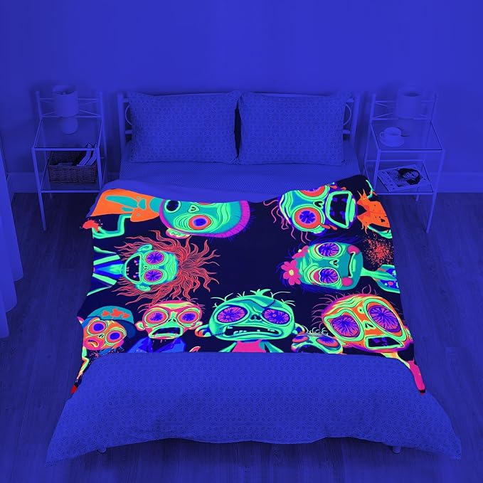 Blacklight Horror Scary Throw Blankets UV Reactive Funny Zombie Throw Blanket Glow in the Dark Under Black Lights Game Room Decor Soft Throw Gifts 59x51 Inches
