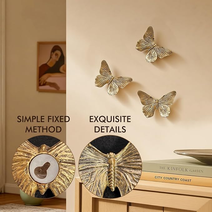 GUSFREUD 3D Butterfly Wall Decor Set – Resin Wall Decor for Living Room, Bedroom, Bathroom, Dining Room, Outdoor and Gallery Walls - Antique Copper - Set of 3