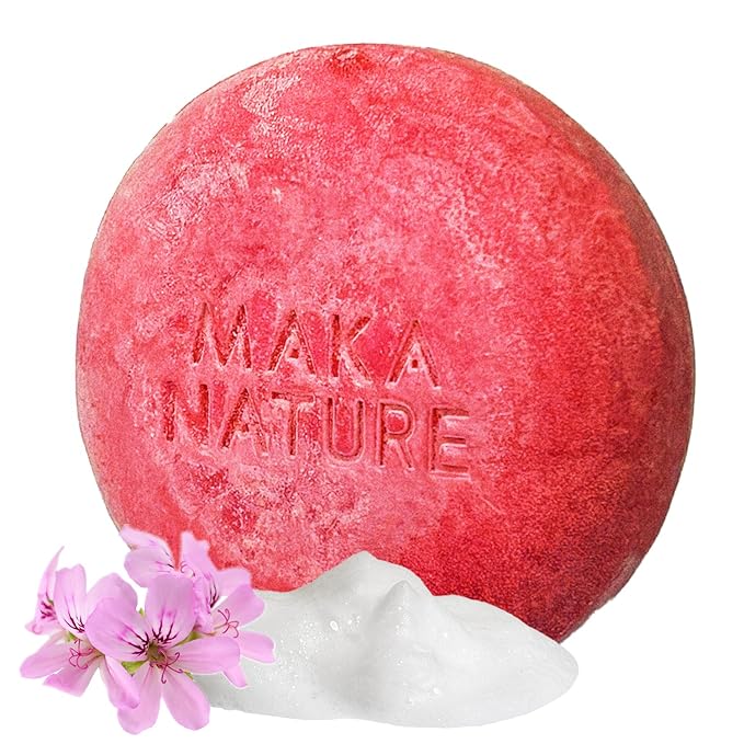 Maka Nature Low-Carbon Shampoo Bar | Korean K-Beauty Haircare with Natural Ingredients for Scalp & Hair Types | Vegan, Eco-Friendly, pH balanced, 3.35oz (Geranium), Made in Korea