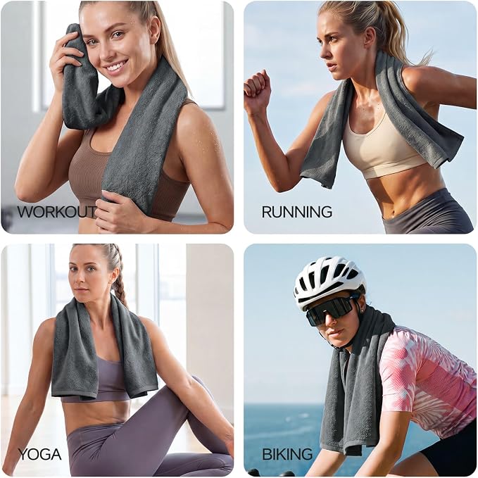 REDKISS 2 Pack Cotton Workout Towels, 43" x 16" Super Absorbent Soft Gym Towels for Men & Women, Large Sweat Sports Towel for Yoga Running Swimming Travel Camping - Dark Gray