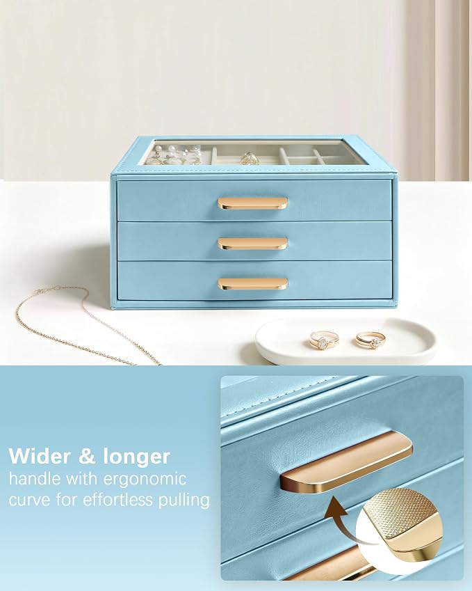 Homeanda Jewelry Boxes Organizer with Glass Lid, 3-Layer PU Leather, Blue | Modern style display case with 3 drawers for daily jewelry, women, mom or girl gift