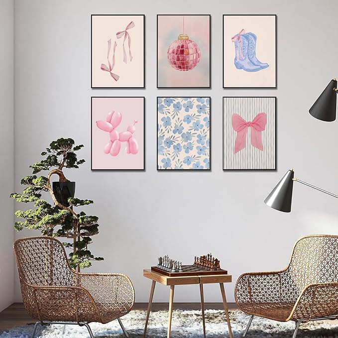 Blue and Pink Preppy Poster Set of 6 Cute Coquette Bow Boots Wall Art Aesthetic Coastal Wall Art, Trendy Girls Dorm Decor Cute Pink Bows Wall Decor for Bedroom Living Room Unframed 8x10 Inch