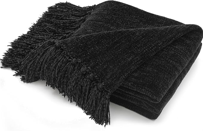 RECYCO Chenille Throw Blanket for Couch, 50"x60", Black | Super Soft Knit Throw Blanket with Fringe Tassels, Lightweight Knitted Throw, Cozy, Ideal for Sofa Chair Bed Living Room Gift