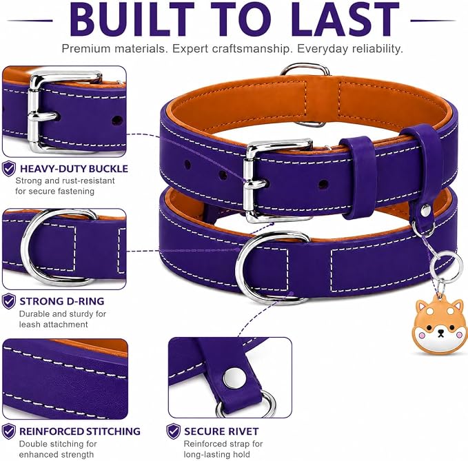 Genuine Leather Dog Collar, Soft Padded Leather Dog Collars with Airtag Holder Case for Small Medium Large X-Large Dogs,Comfort Heavy Duty Pet Collar with Durable Metal Buckle & D-Ring-Dark Purple/XS