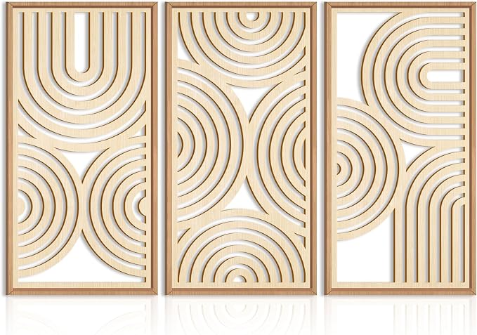 IARTTOP Large Boho Wood Wall Art Set of 3 Framed Wooden Mid-Century Modern Wall Decor Minimalist Modern Abstract Geometric Decor for Living Room Bedroom Office-16x32 Inch