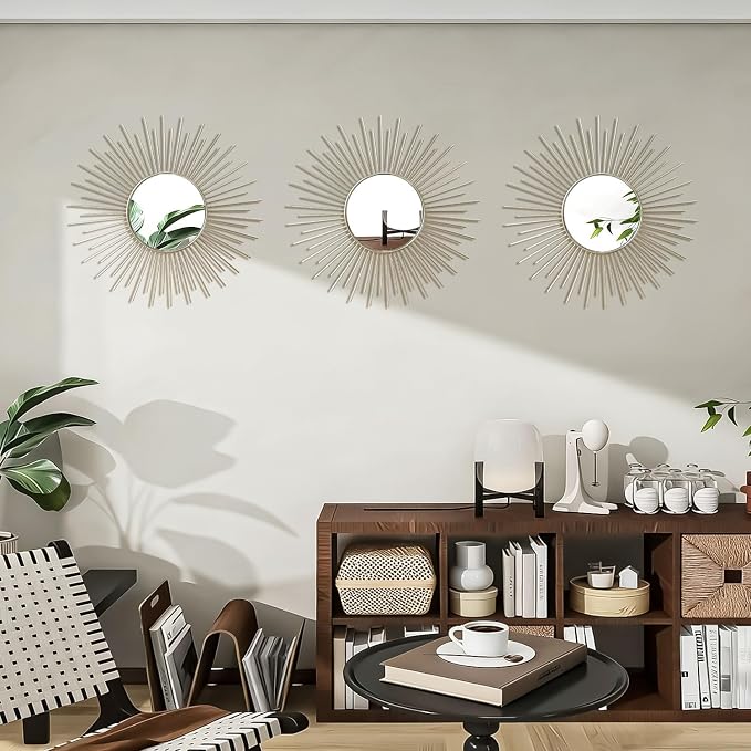 3 Pack Metal Mirrors for Wall Sunburst Wall Mirrors Home Décor Decorative Hanging Wall Art for Living Room Bedroom Entryway (Silver2, Sunburst)