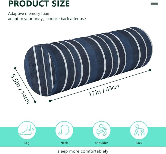 Bolster Pillow Decorative Neck Roll Pillow for Sleeping Round Pillow Inserts Memory Foam Cylinder Pillow Neck Support Darkblue Stripe