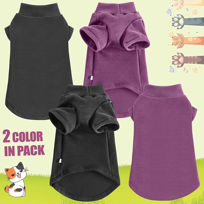 Idepet Sphynx Cats Sweater 2 Pack,Turtleneck Hairless Cat Shirt Soft and Warm Kitten Clothes with Sleeves Pullover Pet Winter Pajamas Jumpsuit for Cat Puppy (Black&Purple, Medium)