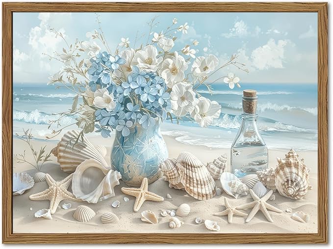 Framed Beach Canvas Wall Art, Blue Coastal Pictures Wall Decor Paintings, Ocean with White Floral Shell Poster Prints, Modern Seascape Artwork Home Decor for Living Room Bathroom 12x16 inch
