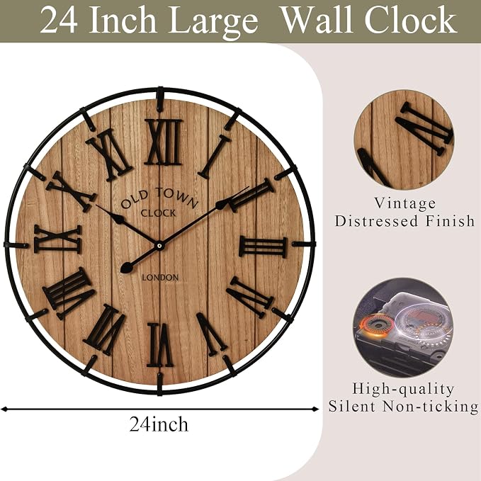 EMAX HOME 24 Inch Large Farmhouse Wall Clock, Natural Wood Grain Face with Black Metal Frame, Silent Non-Ticking Quartz Movement, Vintage Wall Decor for Living Room, Bedroom, Dining Room