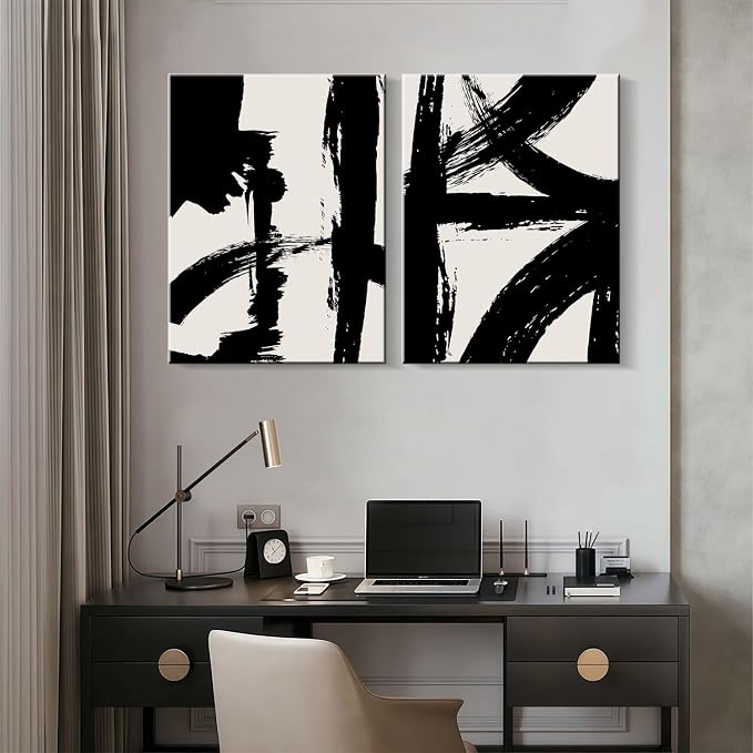 2Pcs Framed Abstract Black and White Canvas Wall Art Minimalist Brushstroke Line Prints Modern Home Gallery Style Painting Posters Picture Bedroom Living Room Office 12x16 Inch Ready to Hang