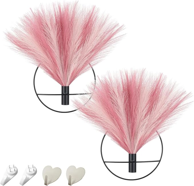 Pretty Jolly Boho Pampas Pink Wall Decor Black Metal Art | Morden Artificial Greenery Display，2 Pack Black Hanging Planter For Living Room, Bedroom, Bathroom, Dining room