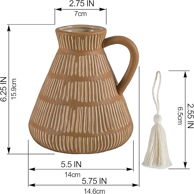 Mowtanco Rustic Farmhouse Vase with Handle and Tassel, Vertical Stripes Terracotta Pottery - Vintage Ceramic Clay for Home Décor, Shelf, Table, Bookshelf, Mantle, Entryway