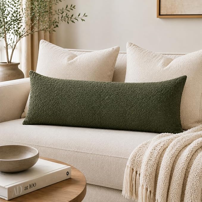JoraLion 14x36 inch Boucle Lumbar Pillow Cover, Army Green Woven Texture Neutral Long Pillow Cover Breathable Cushion Case for Couch Sofa Bed Living Room Home Decor (Cover Only)