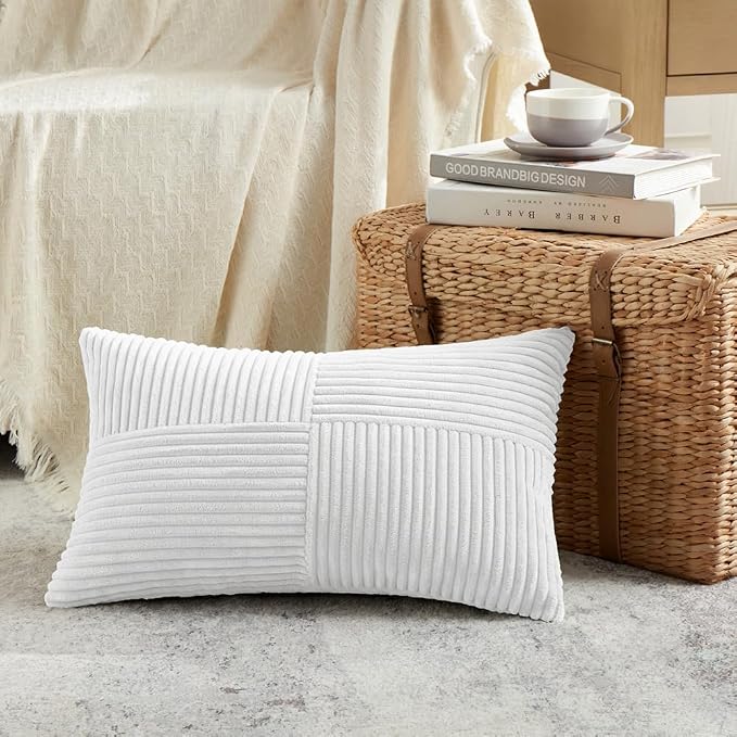 Fancy Homi 2 Packs White Lumbar Decorative Throw Pillow Covers 16x32 Inch for Living Room Couch Bed Sofa, Rustic Farmhouse Boho Home Decor, Soft Striped Corduroy Rectangle Accent Cushion Case 40x80 cm