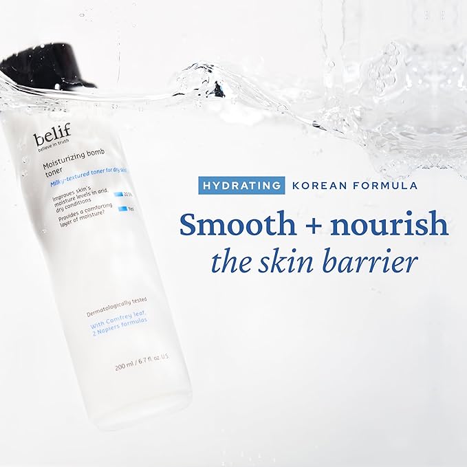 belif Niacinamide Hydrating Toner – Aqua Bomb Lightweight Cooling with Hyaluronic Acid, Soothing and Balancing Formula, Skin Barrier Repair, Korean Skincare (6.7 Fl Oz (Pack of 1), Milky Toner)