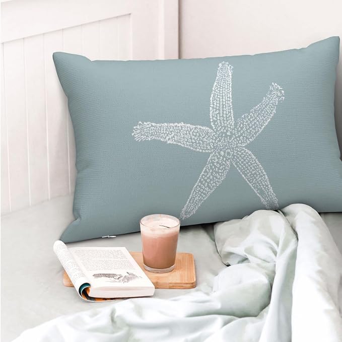 Coastal Pillow Covers 12x20 Set of 2 Blue Coral Starfish Throw Pillows Nautical Ocean Decorations Summer Linen Beach Pillowcase Outdoor Decor Farmhouse Lumbar Cushion Case for Home Living Room