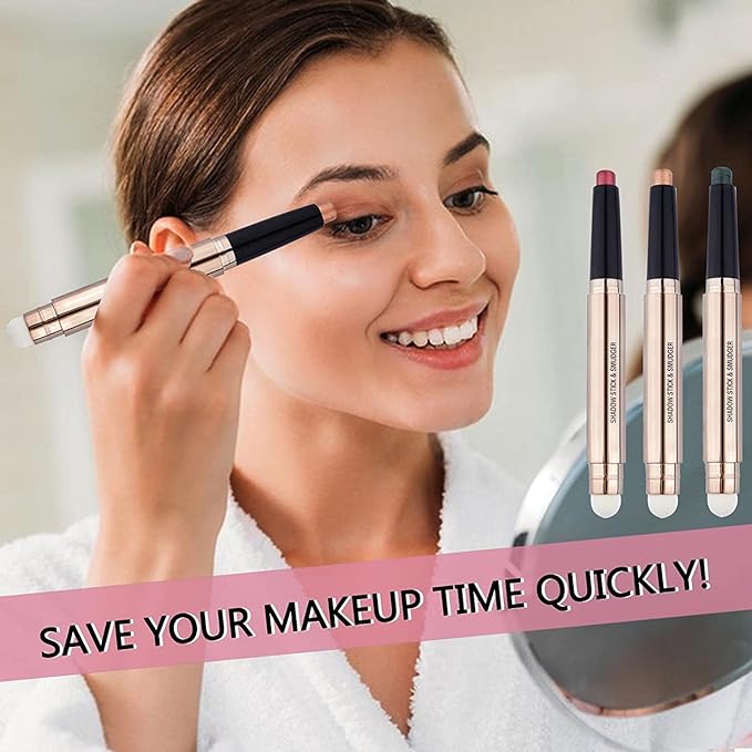 2 in 1 brown Eyeshadow stick and Sponge Makeup Brush, Smooth Cream Shimmer Shadow Pencil Long Lasting Waterproof Eye Shadow Highlighter Stick Makeup , Hypoallergenic Eyeshadow, Highlighter Eye Liner