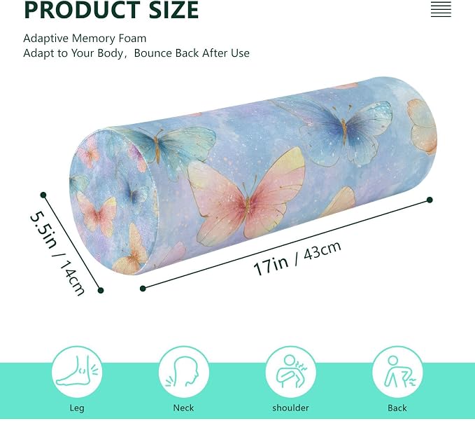 Neck Roll Pillow Bolster Pillows Round Health Memory Foam Long Cervical Cylinder Body Removable Washable Cover Bed Legs Back Yoga Butterfly Blue Pink